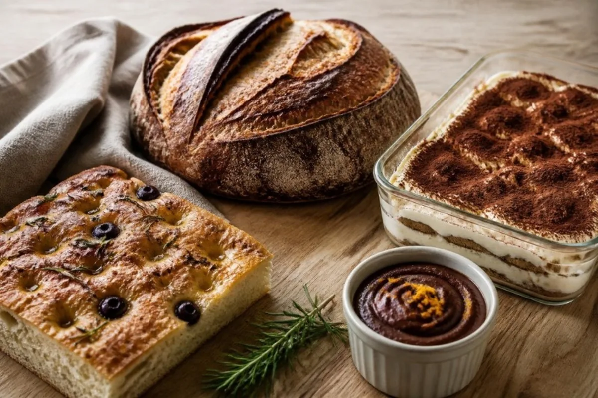 Masa madre, focaccia, tiramisú y mousse de chocolate sobre una tabla