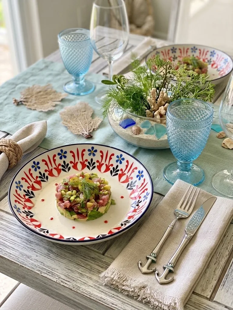 Tartar de atún en una mesa marinera, con coral y vidrio de mar