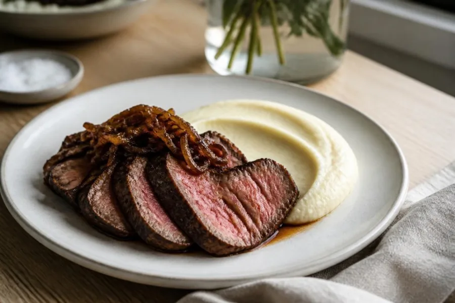 Grilled beef fillet with caramelized onions and potato purée