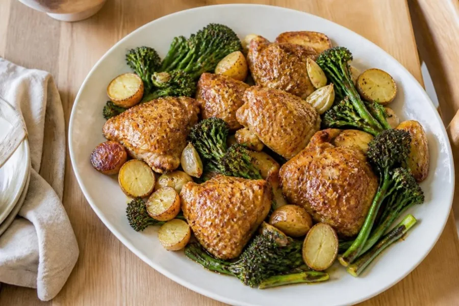 Honey mustard chicken with roasted potatoes and garlic broccolini