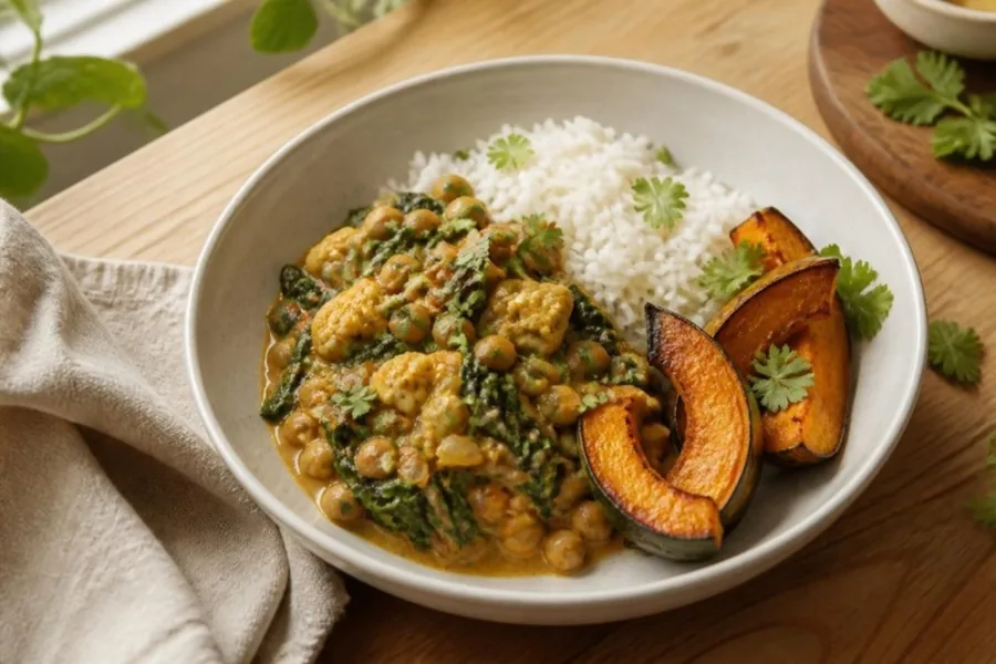 Vegetable curry with basmati rice and roasted kabocha squash