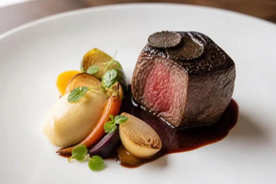 Filet mignon with roasted vegetables and truffle jus