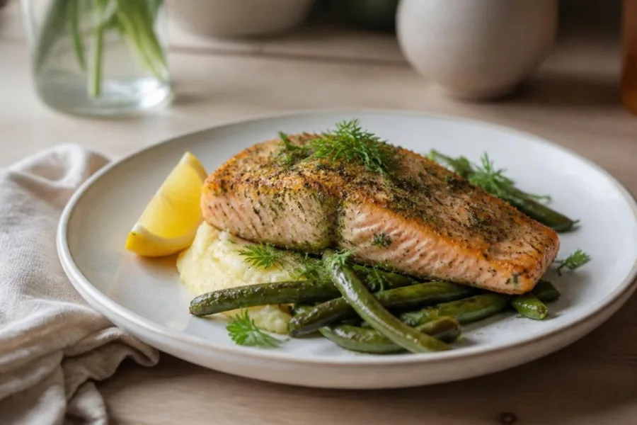 Herb-roasted salmon with potato purée and green beans