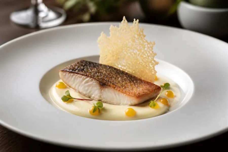 Pan-seared sea bass on potato purée with a parmesan tuile