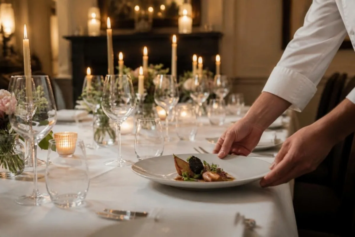 Una mesa de cena privada a la luz de las velas, con un plato servido